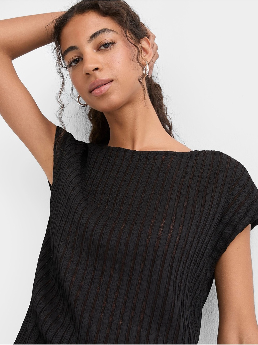 LOFT Ann Taylor Women's Black Ribbed Semi Sheer Short-Sleeve Top XS